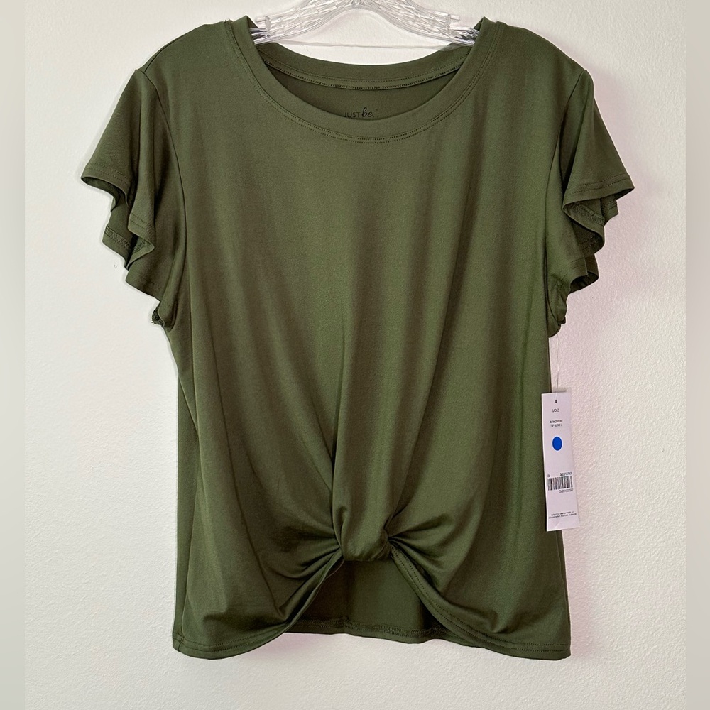 Just be…  NWT Olive green pullover top w/front knot and flutter sleeves Sz Large